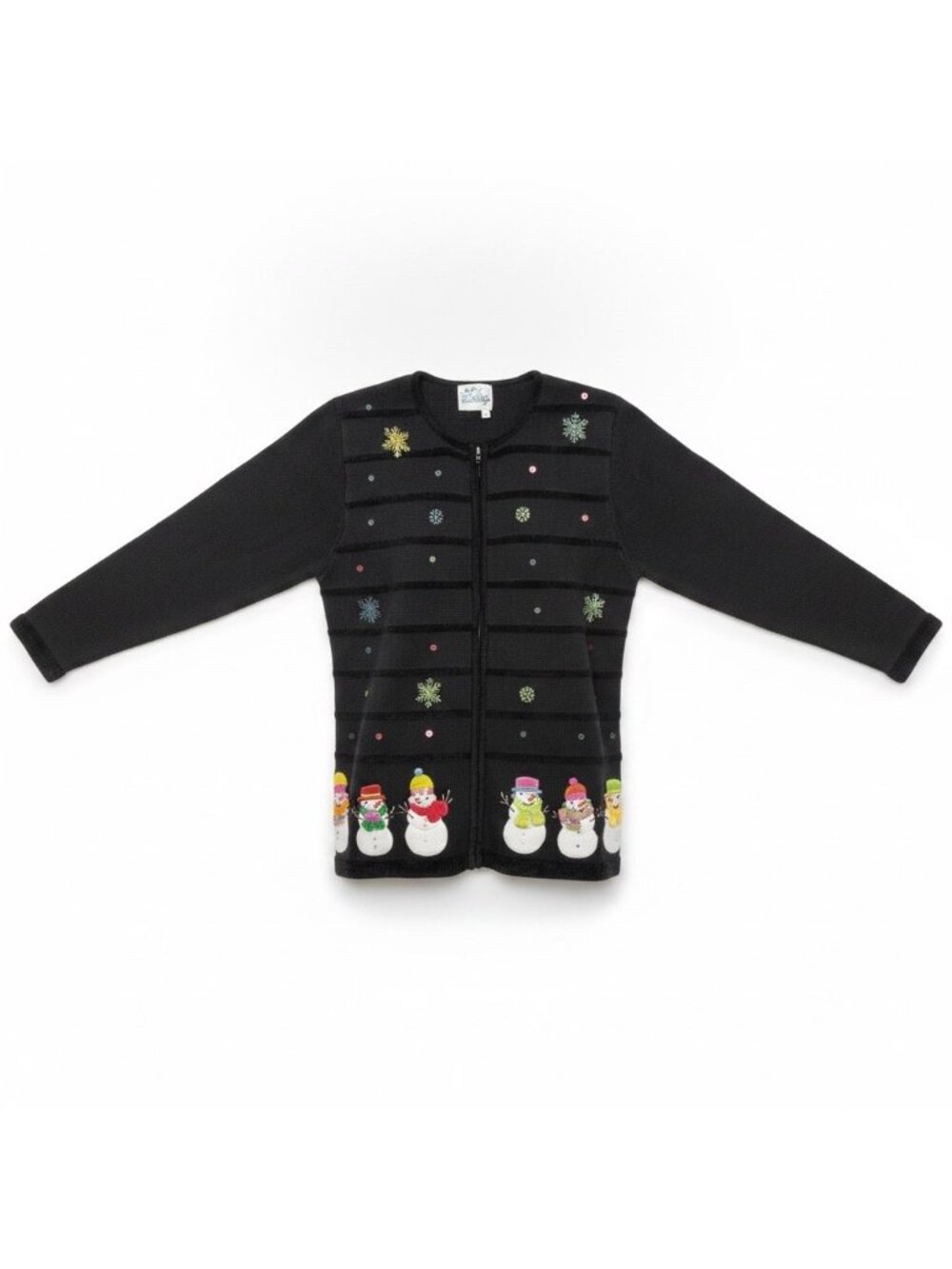 Quacker Factory Womens Black Snowman Beaded Cardigan Sweater Christmas Theme